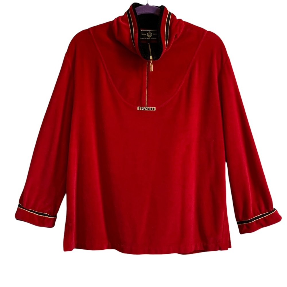 St. John Sport Shirt MED Red Cotton Velvet Nautical 1/4 Zip by Marie Gray Top